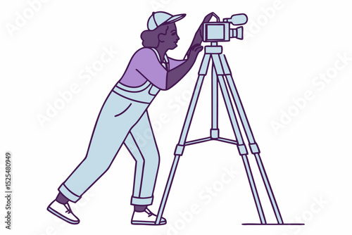 Person operating camera on tripod, videographer at work, film production, video recording, media creator, cinematography, equipment handling, filmmaking profession, content producer