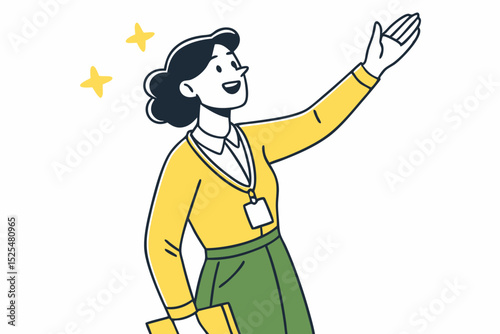 Woman with raised hand and folder, professional presenter, workplace communication, career development, office worker, business meeting, leadership gesture, corporate presentation