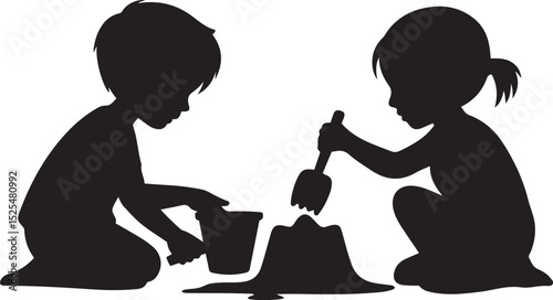 Playful black silhouette of happy childrens building sandcastle on beach vector illusttration