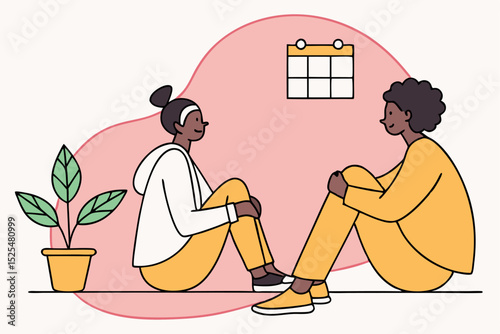 Two people sitting and talking, casual communication, friend interaction, home meeting, plant and calendar, relaxed conversation, personal connection, indoor chat