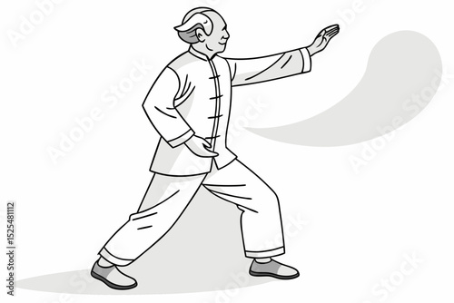 Tai Chi movement, elderly practitioner with raised hands, traditional attire, martial art form, health exercise, Chinese cultural practice, slow motion concept.