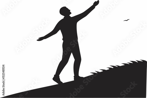 Silhouette freedom scene, person standing on hilltop with outstretched arms, bird flying, nature embrace, personal liberation, outdoor adventure, life aspiration concept.