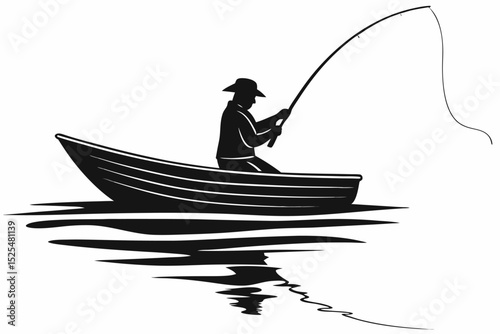 Fishing silhouette, person in boat with rod, water reflection, leisure activity, outdoor relaxation, nature hobby, peaceful moment concept.