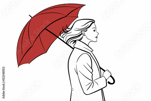 Woman with red umbrella, minimalist line art, rainy day scene, personal commute, fashion accessory, urban lifestyle, daily routine concept.