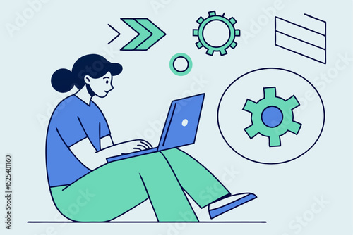 Person working on laptop, sitting on floor, gear icons, digital workflow, productivity concept, remote work, tech innovation, personal efficiency, modern lifestyle, project development