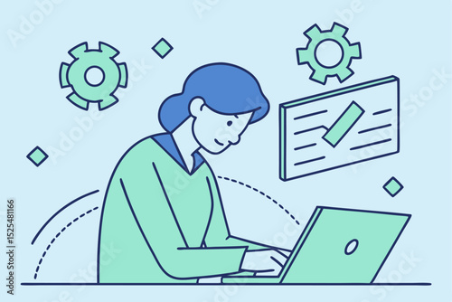 Person working on laptop, gear and chart icons, digital productivity, project management, tech workflow, remote work, innovation concept, personal efficiency, modern career, creative process