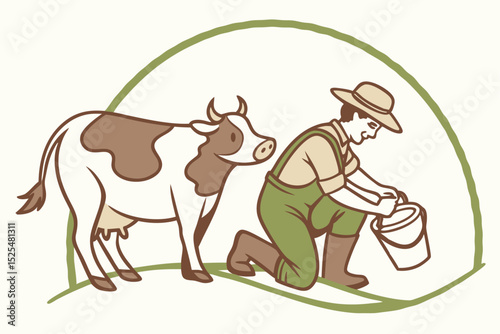 Farmer and cow, vintage pastoral illustration, farm scene, traditional farming, rural life, animal care, agricultural activity, countryside work, rustic theme, farm productivity, pastoral lifestyle
