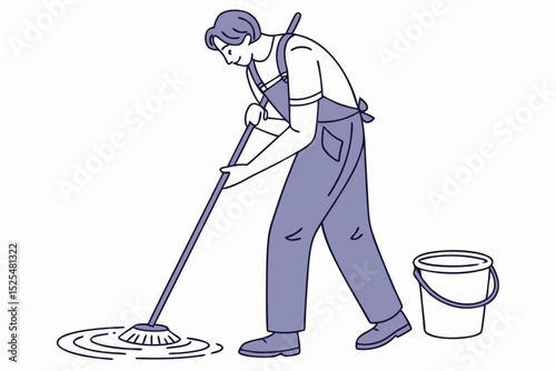 Man mopping floor, minimalist illustration, cleaning scene, household chore, cleaning service, daily routine, work activity, cleaning task, home maintenance, cleaning profession