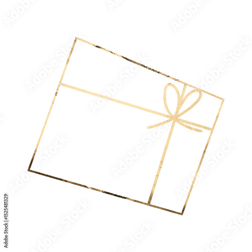 Golden gift box with ribbon and bow shown from top view in simple line art style. Luxury festive