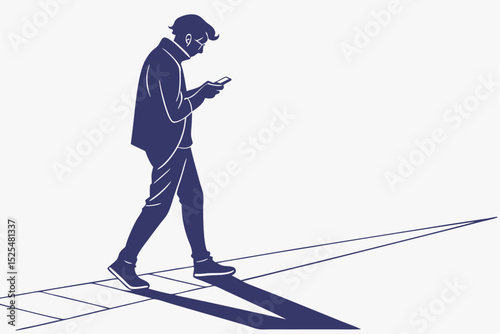 Man with backpack walking and using phone, silhouette style, modern lifestyle illustration, digital routine, urban commute, mobile phone habit, pedestrian activity, tech - integrated life