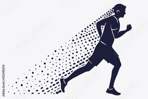 Running man silhouette, particle effect style, sports illustration, dynamic running, athletic motion, fitness theme, sporty energy, running dynamics, active lifestyle, fitness motivation