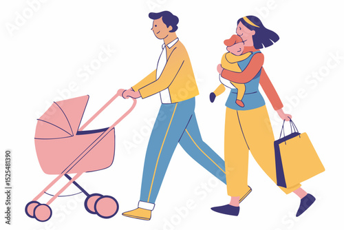 Family walking illustration, stroller scene, family life art, daily family, parenting moment, family outing, parent - child activity, family time, baby stroller, family walk, domestic life, family 