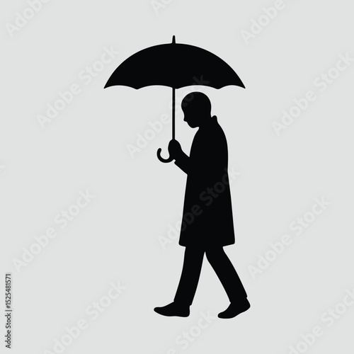 Silhouette man walking under umbrella monochrome Illustration Vector