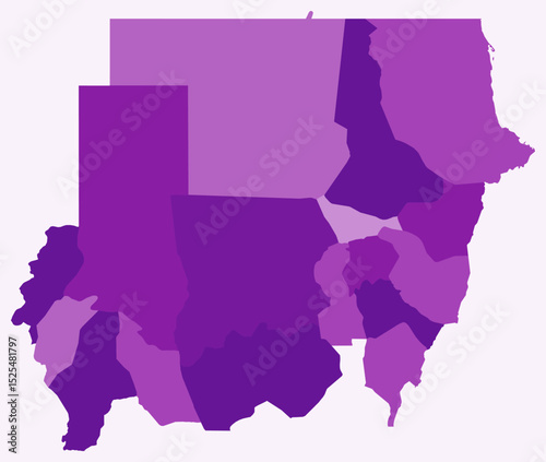 Map of Sudan with regions. Just a simple country border map with region division. Purple color palette. Blank Sudan shape with administrative division. Vector illustration.