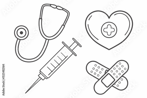 Medical care icons including stethoscope, syringe, heart, and bandage  