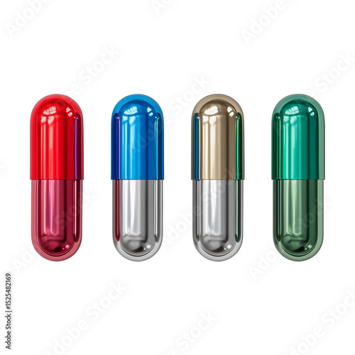 Close up view of four colorful metallic capsules lined up on a white background in a studio shot