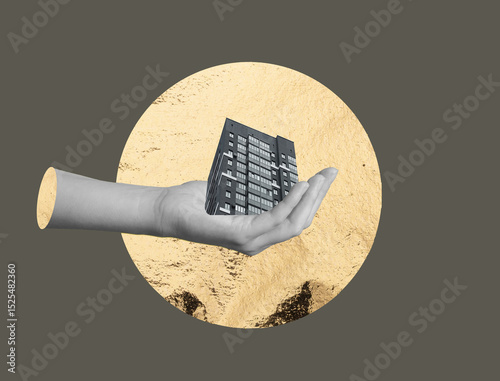 Hand holding apartment building as real estate concept. Modern collage symbolizing property sale,