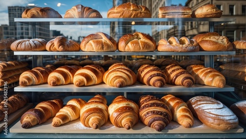 Display of freshly baked croissants and bread in a bakery window. Pastries and baked goods, breakfast, and bakery shop display. The presentation of assorted bakery items.