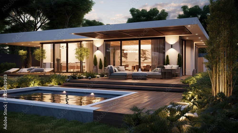 Fototapeta premium A photo of a modern house with a patio