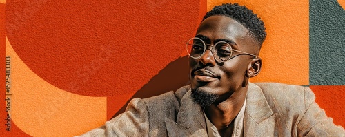 Portrait of a smiling man in glasses against a colorful artistic background