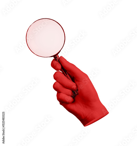 Hand holding red magnifying glass symbolizing spy surveillance and investigation. Concept of