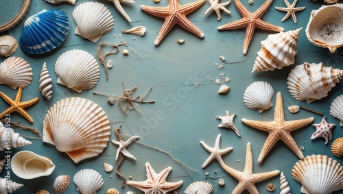 Sea shells and starfish arranged in a frame on a blue background. photo