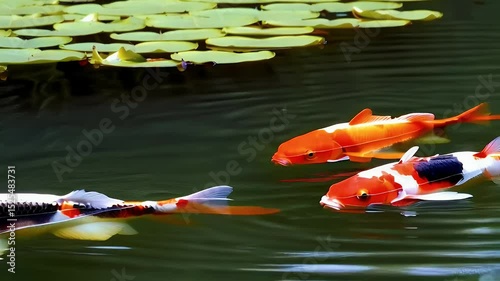 Koi fish in a pond with lily pads photo