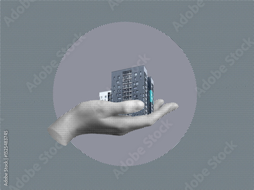 Hand holding modern apartment building with balconies in conceptual collage. Symbol of urban housing