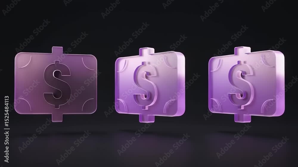 Animated Rotation of 3D Money Icons with Glass Effect on Dark Background, Isometric view