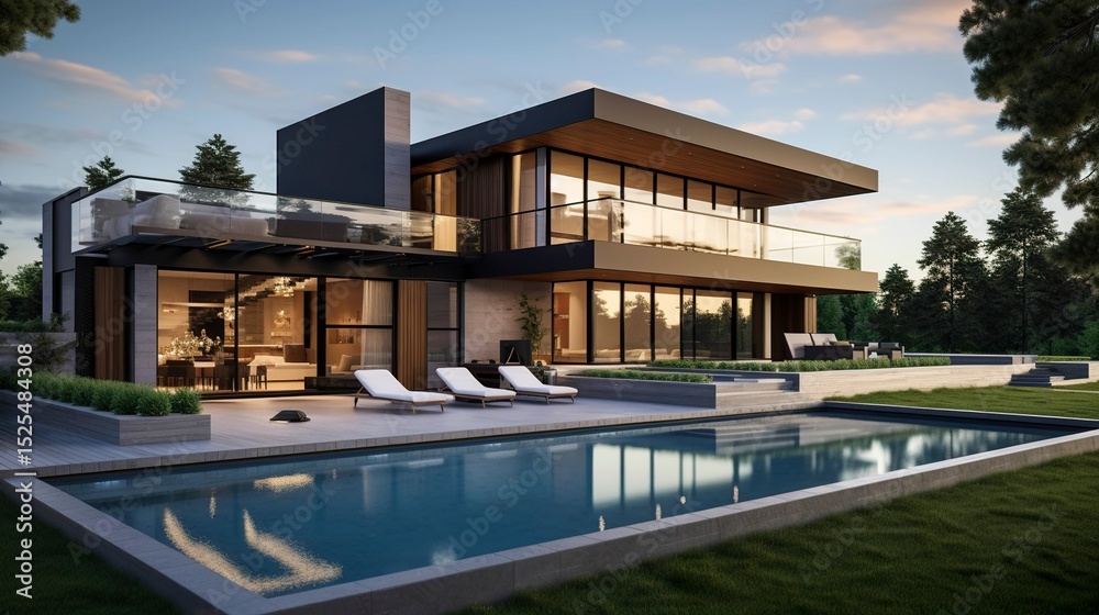 Fototapeta premium A photo of a modern house with a pool house