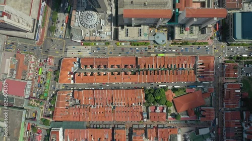 sunny day singapore city center china town traffic street aerial topdown panorama 4k 