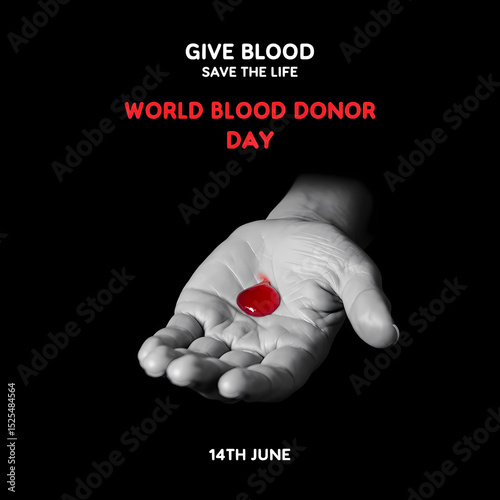 A single drop of red blood rests in a grayscale hand, a poignant symbol for world blood donor day