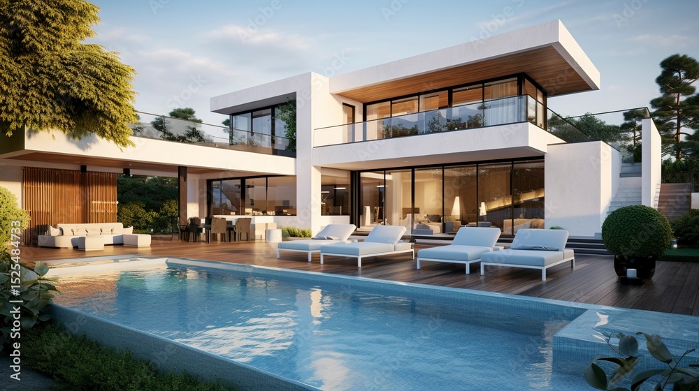 Fototapeta premium A photo of a modern house with a poolside lounge