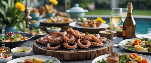 A variety of seafood dishes and drinks laid out on a table outdoors with octopus as the centerpiece. photo