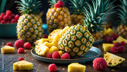 Fresh pineapples and raspberries arranged on a plate with pineapple chunks on a wooden surface.