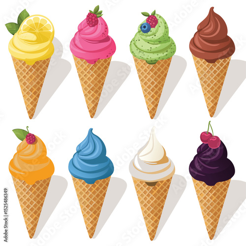 Assorted ice cream cones with toppings