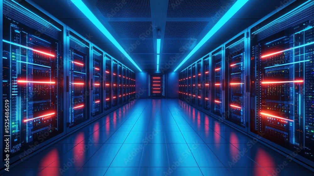 Fototapeta premium Futuristic server room with rows of illuminated racks glowing in blue and red lights, showcasing advanced data center technology and high-performance computing infrastructure