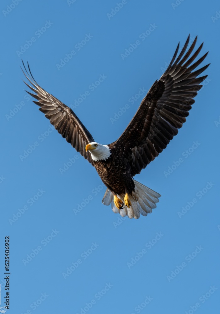 Naklejka premium Majestic Bald Eagle in Flight Against a Clear Blue Sky