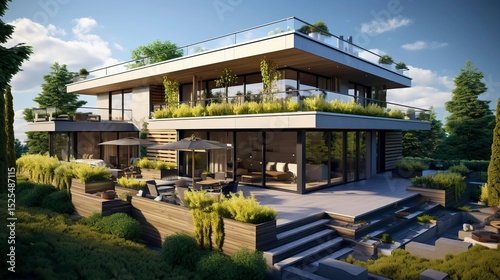 A photo of a modern house with a rooftop garden