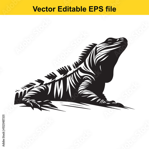Black and white vector illustration of an iguana, a reptile from the Americas