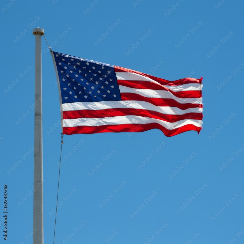 Fototapeta premium American Flag Waving on a Clear Blue Sky