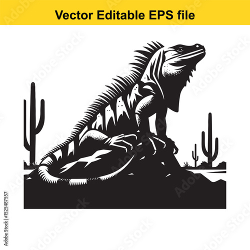 Black and white illustration of an iguana in a desert landscape