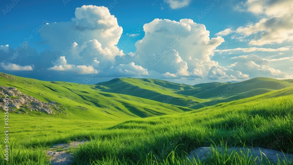 Obraz premium Vast green hills and lush fields under a bright blue sky with fluffy clouds. Nature landscape with rolling terrain and vibrant grass.