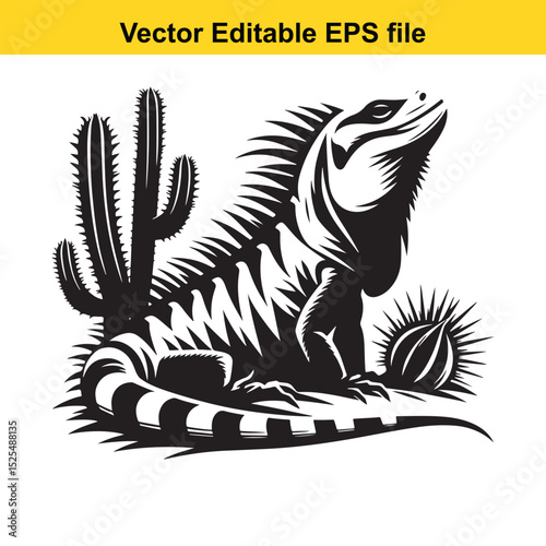 Black and white vector illustration of an iguana in a desert environment