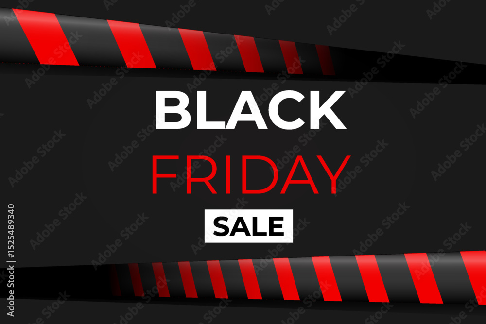 Obraz premium Red banner twists around Black Friday message. Crossed gold ribbon adds visual punch to sale. Fashion promo enhanced by glowing tape effect. Modern typography paired with dramatic ribbon design.