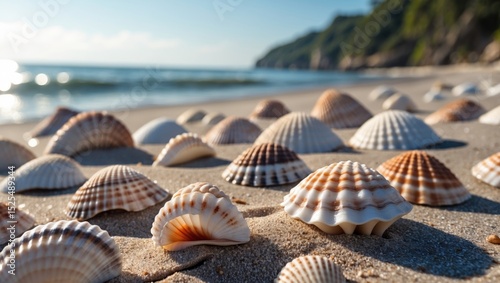 Beach with seashells on sand, shoreline, and distant hills. Nature, summer, and coastal environment. The scene of shells on the sandy beach. photo