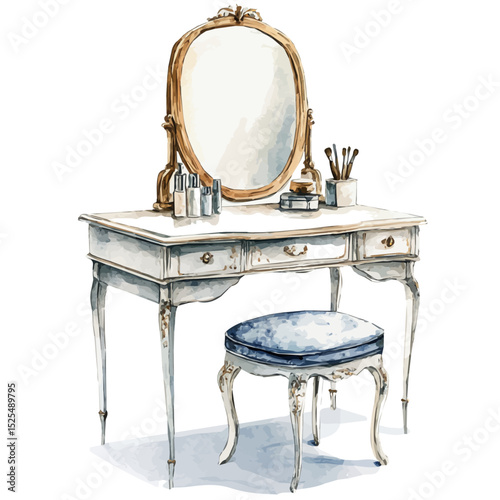 watercolor vector of Vanity Table, high quality, isolated on a white background.