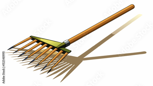 Classic wide-head rake with black metal tines and wooden shaft. Captured in a close-up perspective with shadow on white surface. Great for autumn harvest and landscape vector scenes.

