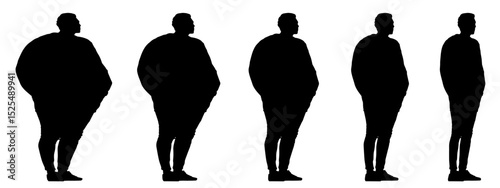 Conceptual fat overweight obese man vs slim fit healthy body after weight loss or diet, white background banner. A  fitness, nutrition or obesity, health care shape illustration vector as silhouettes