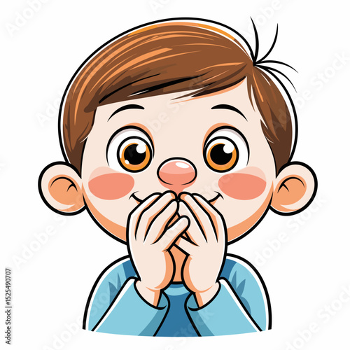 Cartoon boy surprised holding hands to mouth